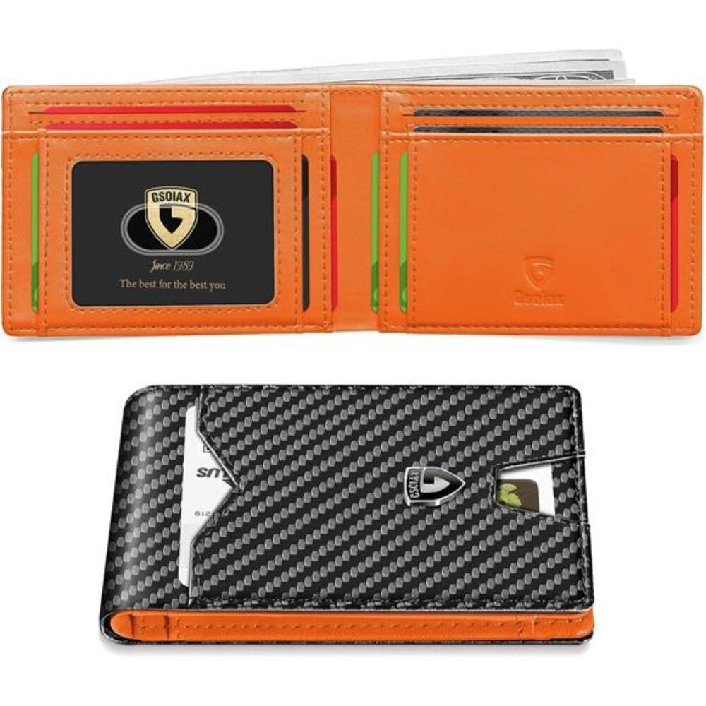 Slim Wallet for Men Rfid Blocking Leather Bifold Front Pocket Carbon Fiber